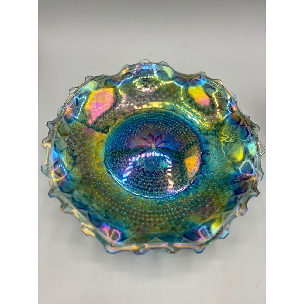 Vintage Carnival Glass Ruffled Bowl Iridescent Peacock Blue Starburst 8.5"
